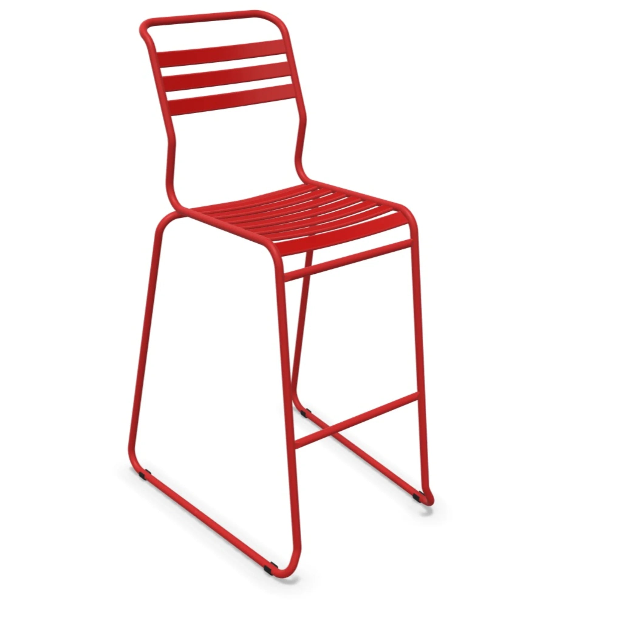 Roter Barhocker aus Metall mit horizontalen Rückenlehnen und Fußstütze im modernen Design