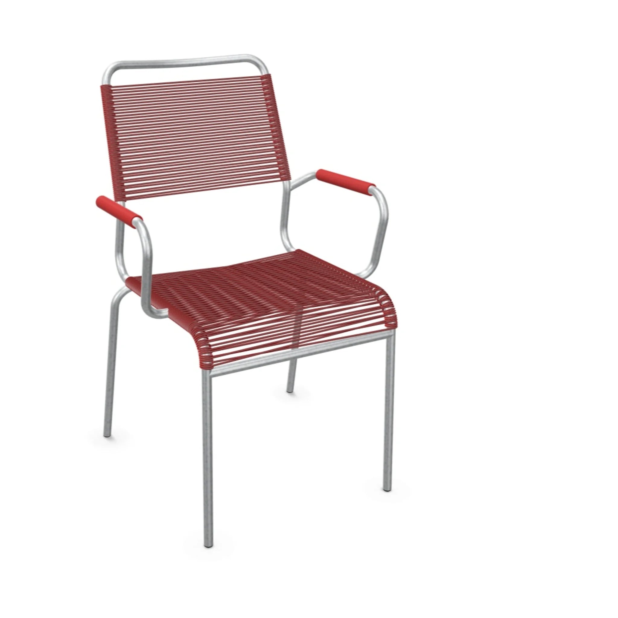 Roter Outdoor-Stuhl mit Aluminium-Rahmen und elastischen Kunststoffstreifen, modern und wetterfest.