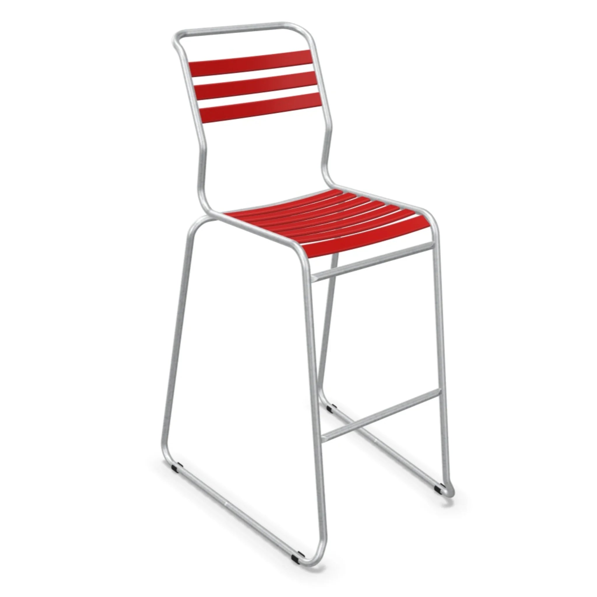 Moderner Aluminium Barhocker mit roten Kunststoffstreifen, stapelbar, für Innen- und Außenbereich