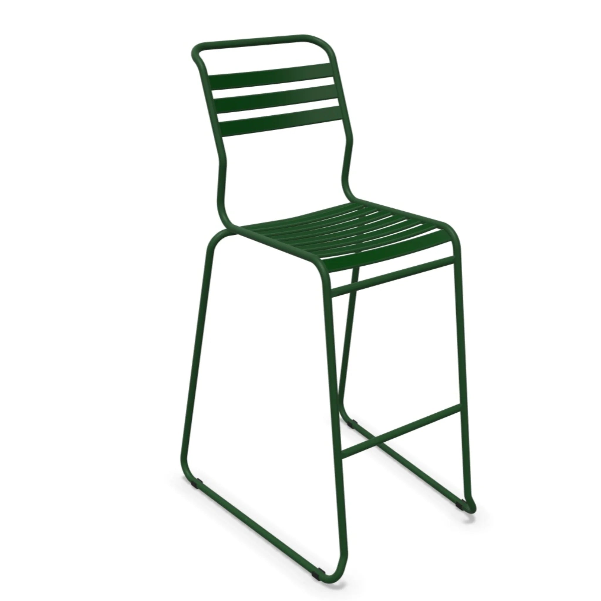 Grüner Barhocker aus Metall mit Fußstütze und Rückenlehne, modernes Design für Küche und Bar.