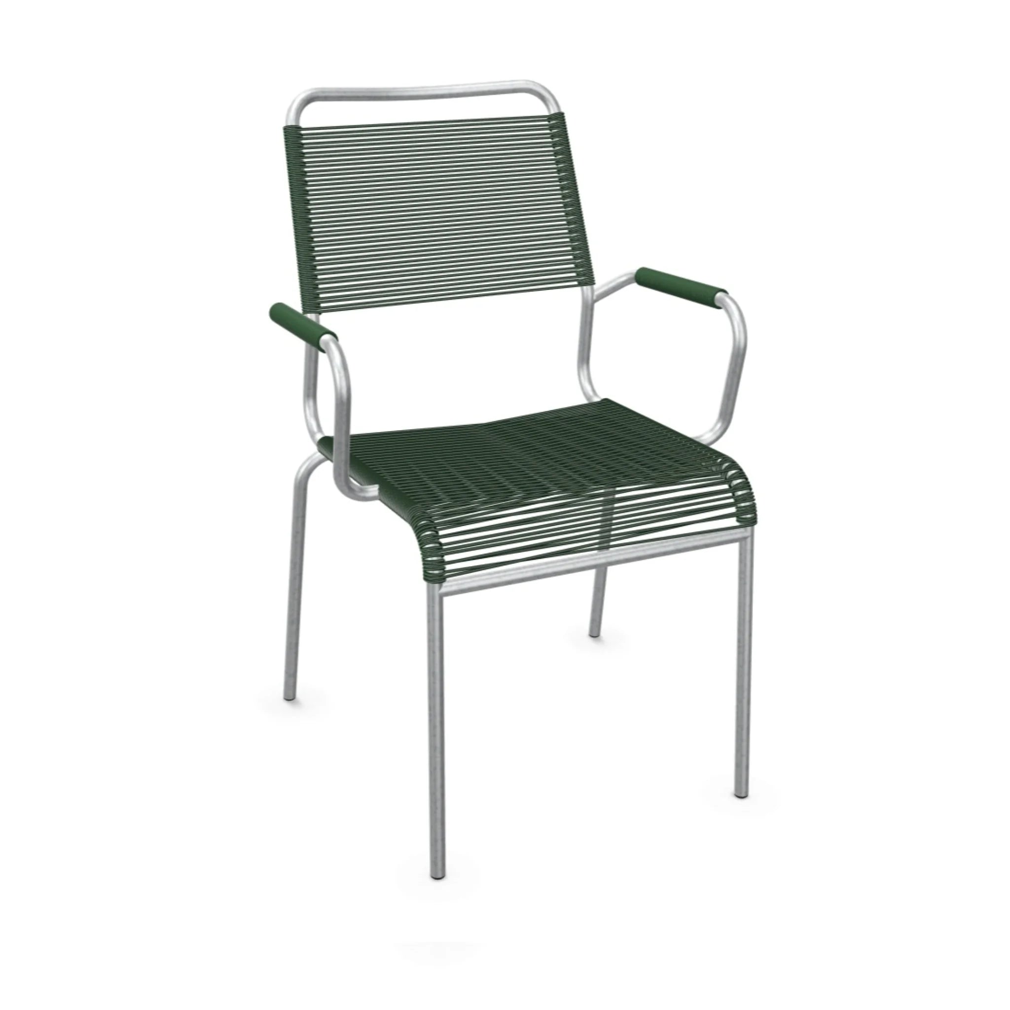 Grüner Outdoor-Stuhl mit Armlehnen, Aluminium-Gestell und Kunststoff-Bespannung, modernes Design für Garten und Terrasse.