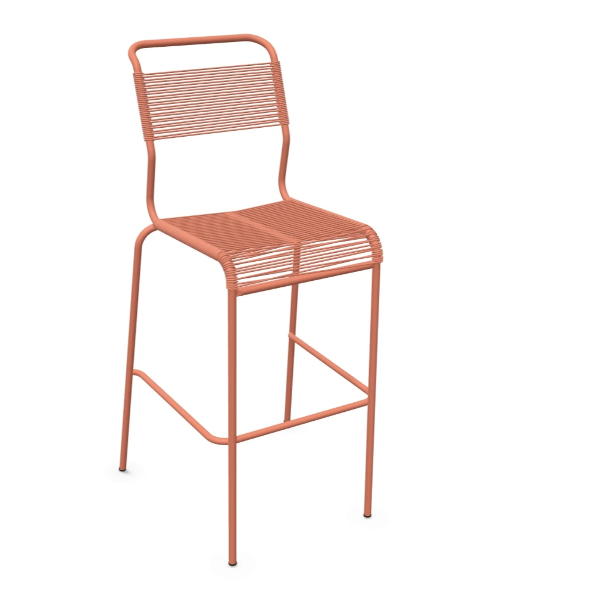 Moderner Terrakotta Barhocker mit Metallrahmen und Kunststoffseilen, stabiles Design für Küche und Bar.