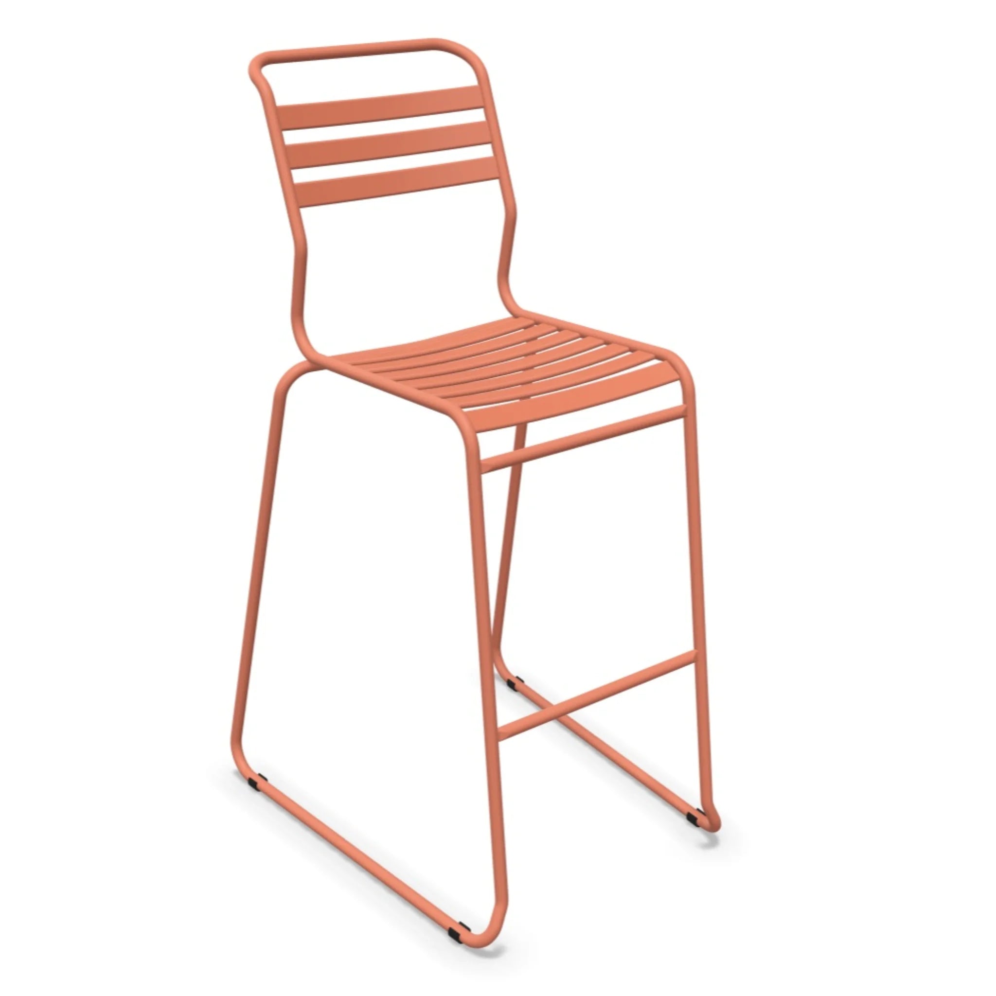 Hoher Barhocker aus Metall in Terrakotta-Orange mit Rückenlehne und Fußstütze für Garten und Küche.