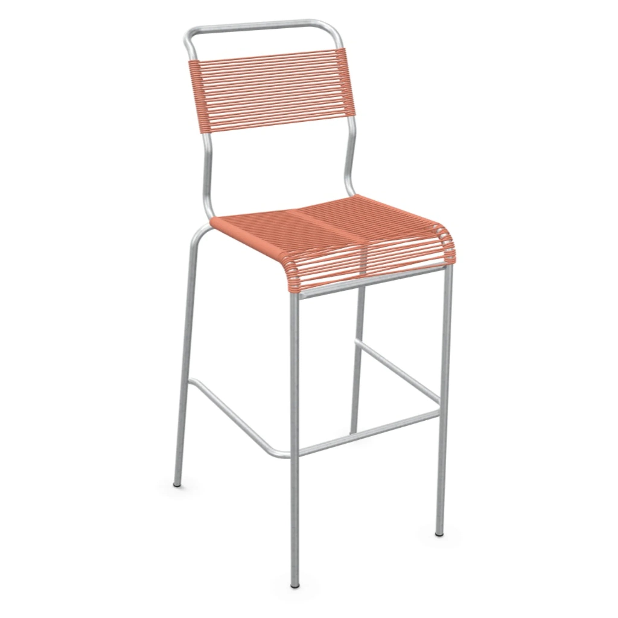 Moderner Barhocker Terra mit orangefarbenen Kunststoffseilen und Metallrahmen, stapelbar