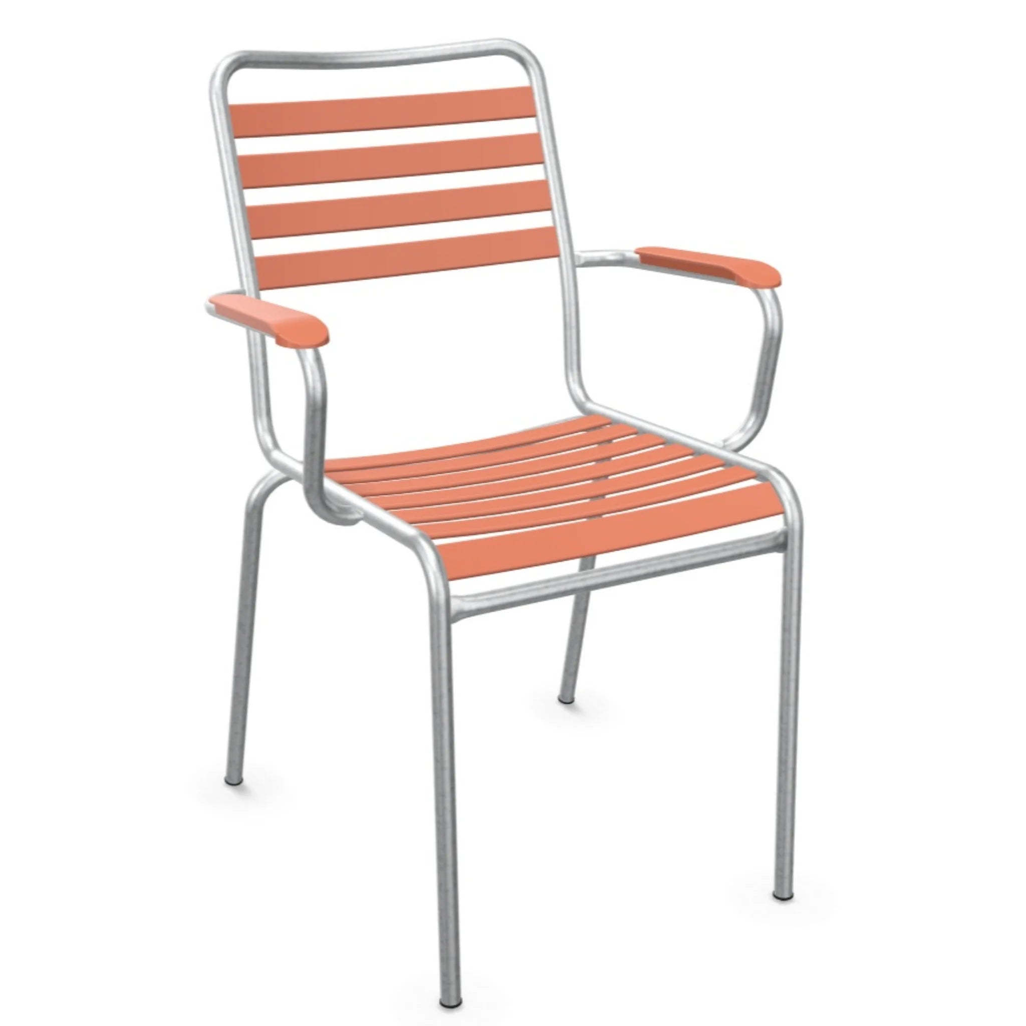 Aluminium Gartenstuhl mit Armlehnen, Terracotta-farbene Kunststofflamellen, modernes Design für Terrasse und Garten.