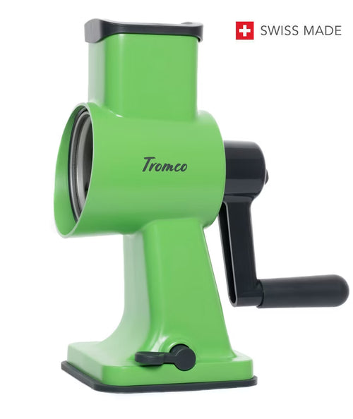 Tromco Trommelreibe grün Swiss Made – manuelle Küchenreibe mit Kurbelgriff und Saugfuss