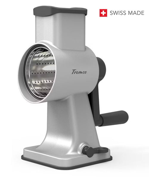 Tromco Trommelreibe Swiss Made – manuelle Käsereibe aus Aluminium mit Edelstahl-Trommel und Handkurbel