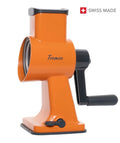 Tromco Trommelreibe Orange Swiss Made, manuelle Küchenreibe mit Kurbelgriff und Saugfuss