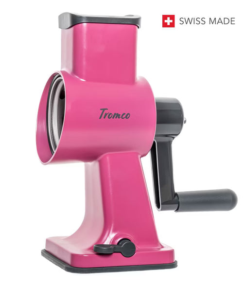Tromco Trommelreibe in Pink, Swiss Made, manuelle Käsereibe mit Handkurbel und Saugfuss