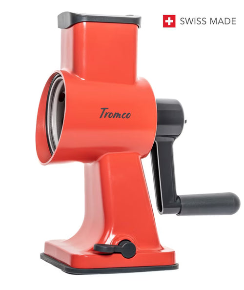 Tromco Trommelreibe Rot Swiss Made – manuelle Käsereibe mit Handkurbel und Saugfuss