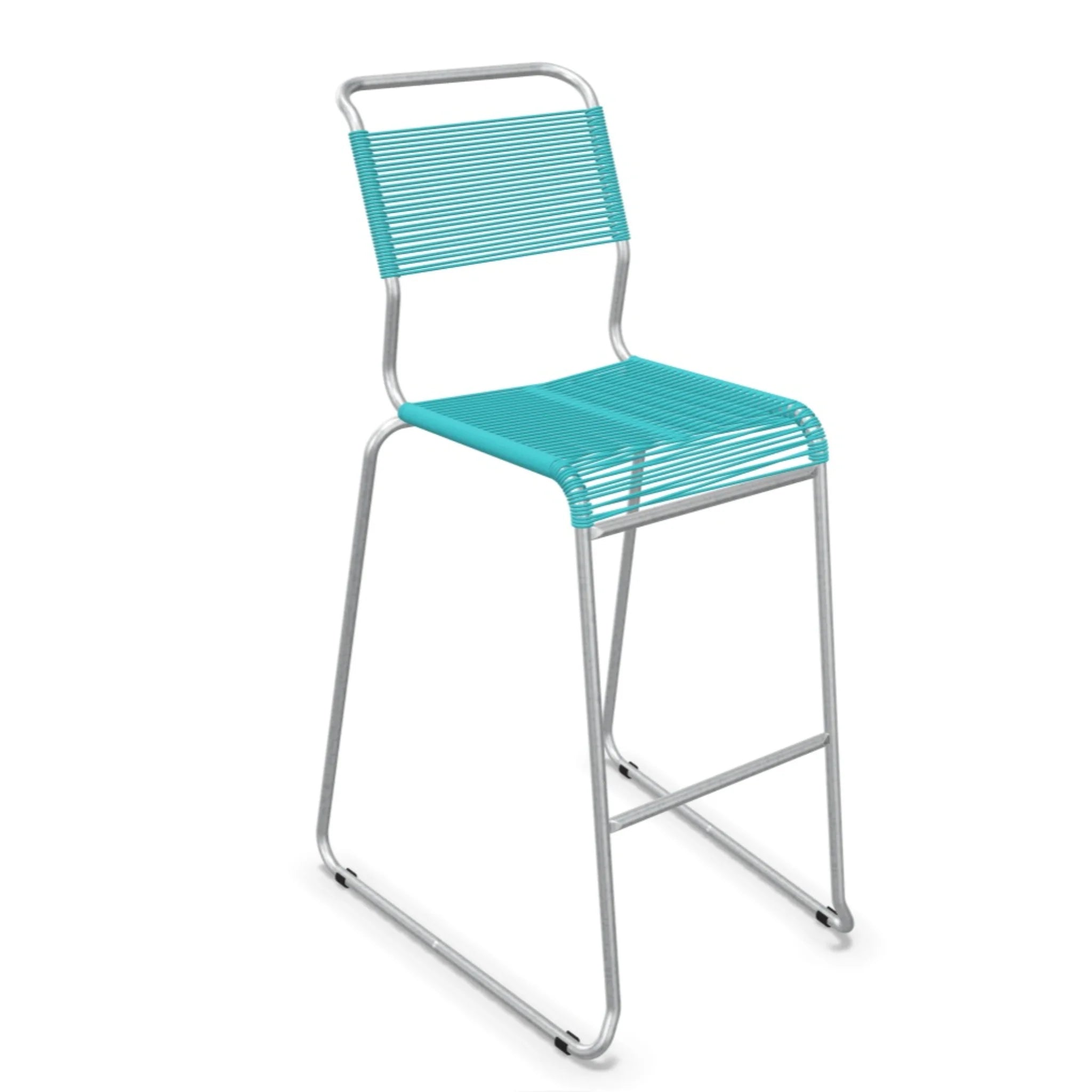 Türkiser Barhocker mit Kunststoffseilen und Aluminium-Gestell, modernes Design für Küche und Bar.