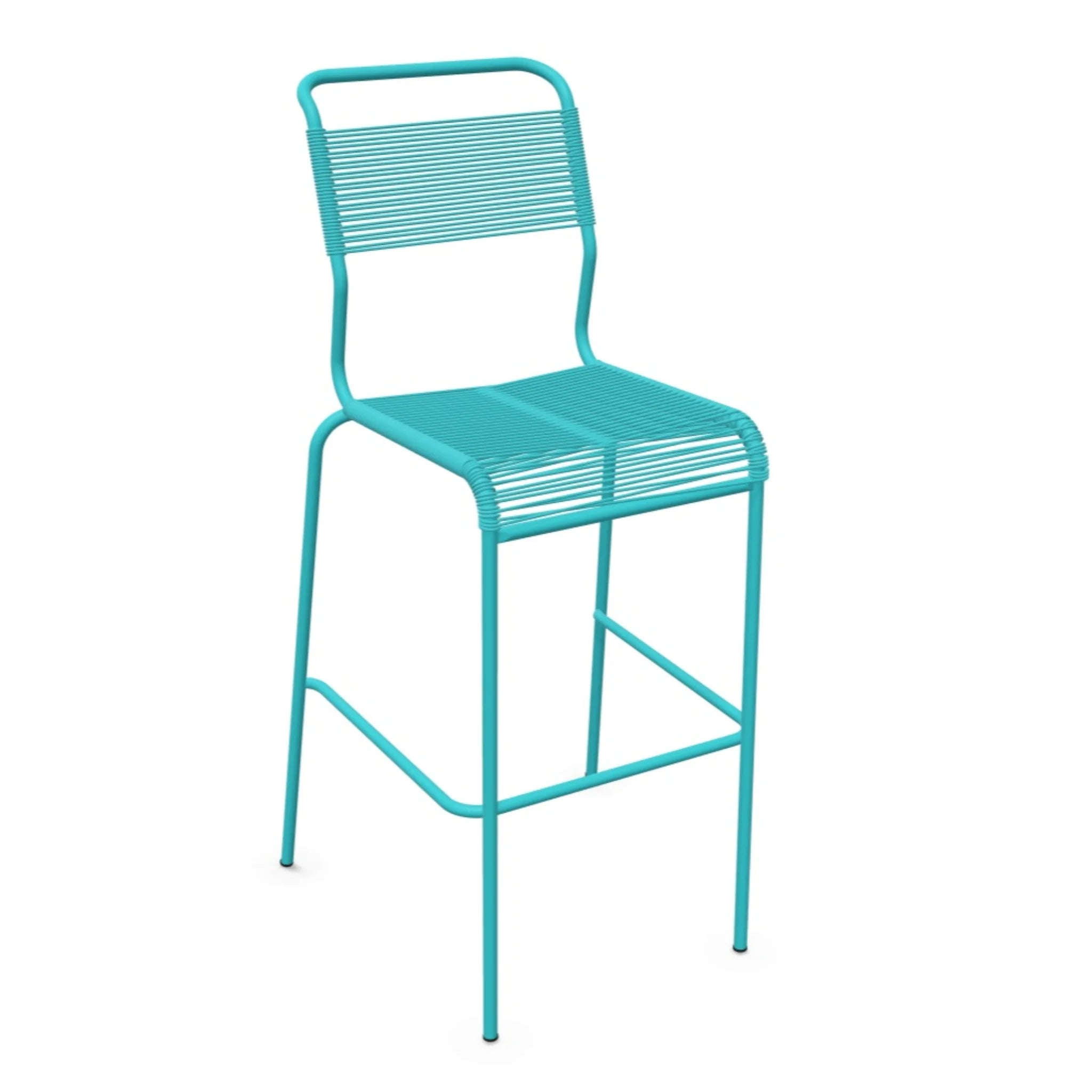 Türkiser Barhocker mit Metallrahmen und Kunststoffstreben, modernes Design für Küche und Bar.