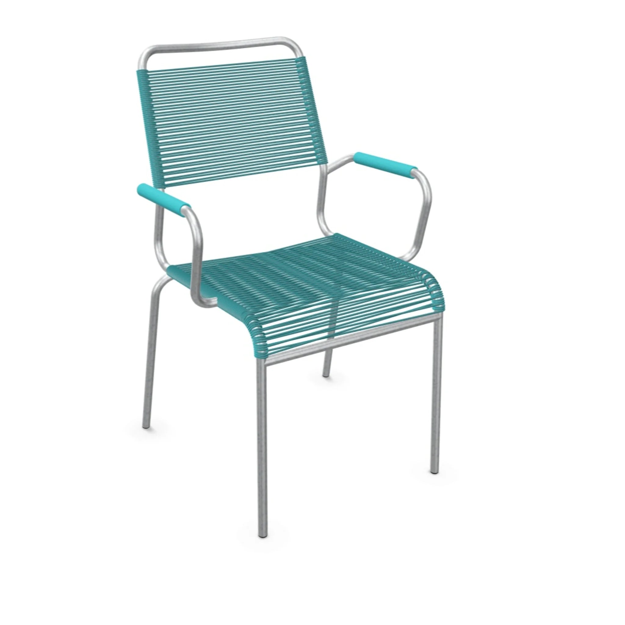 Türkiser Gartenstuhl mit Armlehnen und Metallgestell - moderner Outdoor-Stuhl