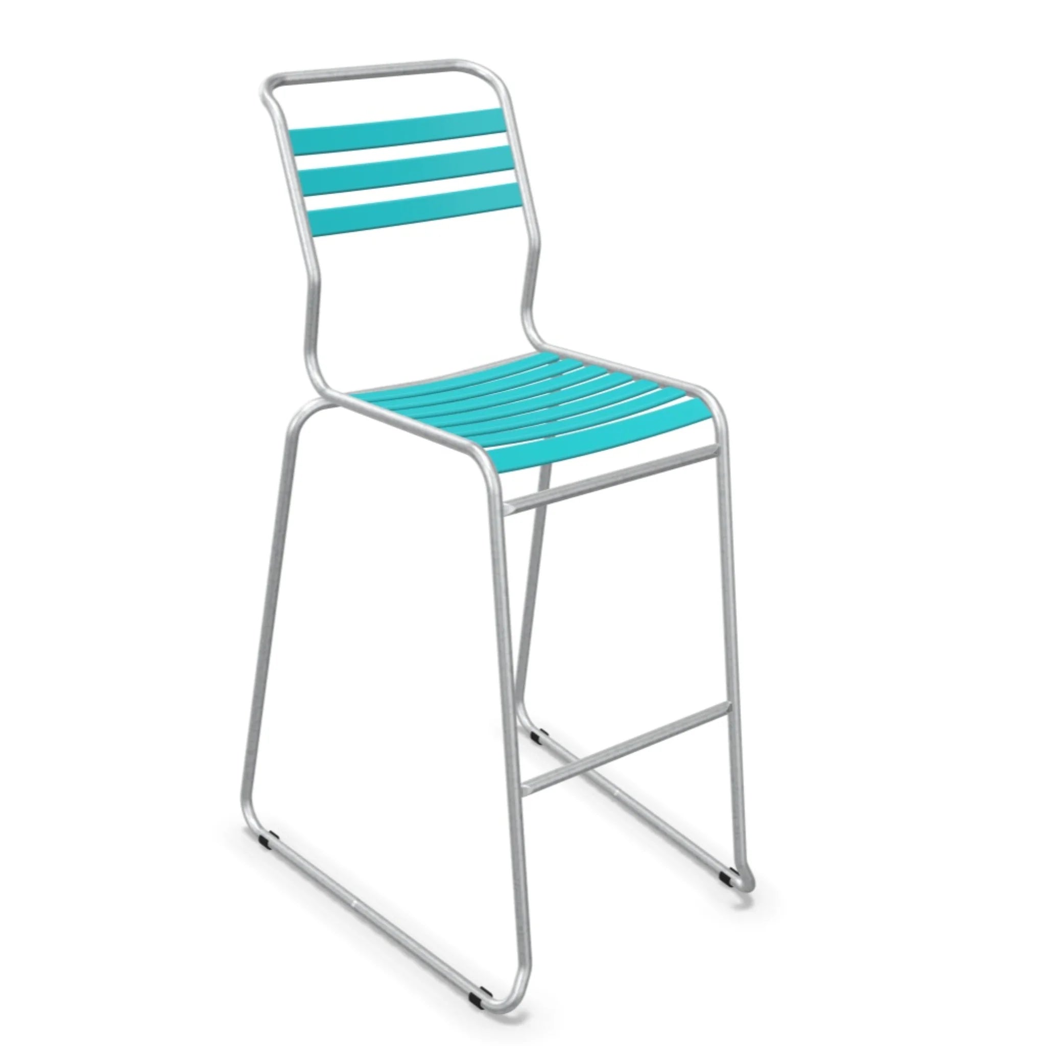 Moderner Barhocker mit türkisen Aluminium-Lamellen, silbernem Gestell und Fußstütze für Küche und Gastronomie.