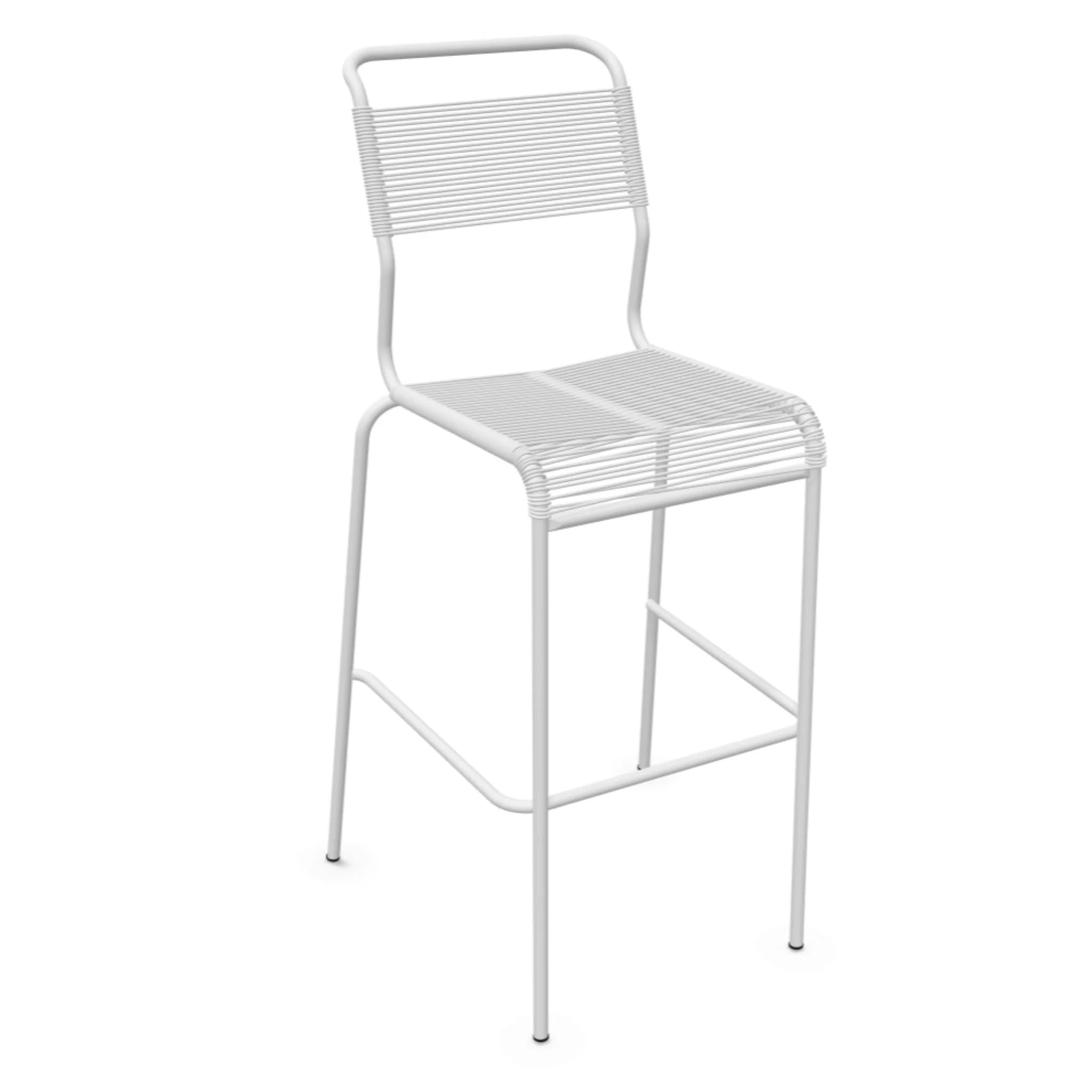 Weißer Barhocker mit Rückenlehne, modernes Design, stapelbar, ideal für Küche und Bar.