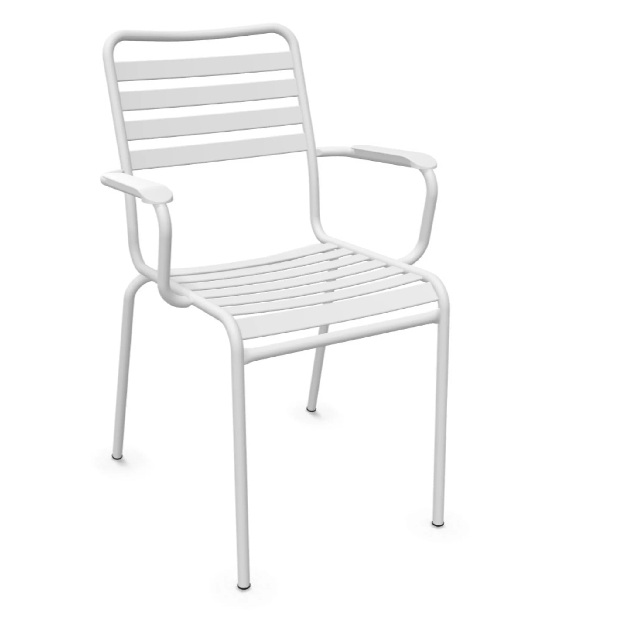 Moderner Aluminium-Gartenstuhl mit Armlehnen in Weiß, stapelbar und wetterbeständig für Terrasse.