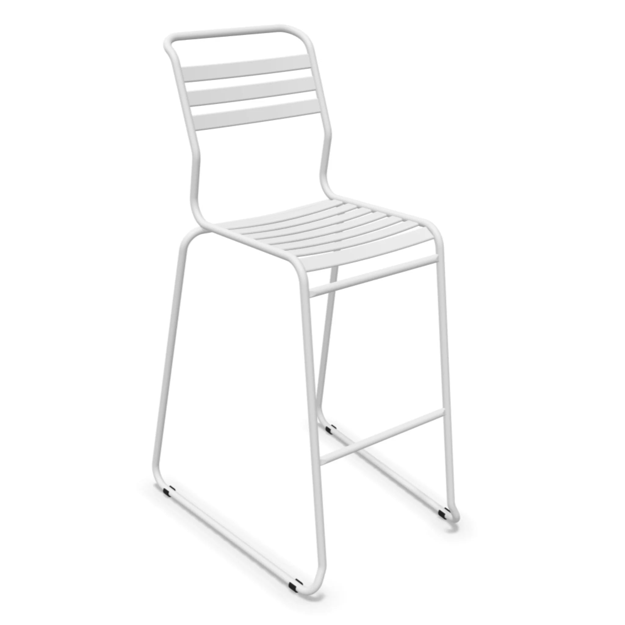 Moderner Barhocker aus Aluminium, weiß, mit horizontalen Rückenlehnen und Fußstütze für Küche und Bar.