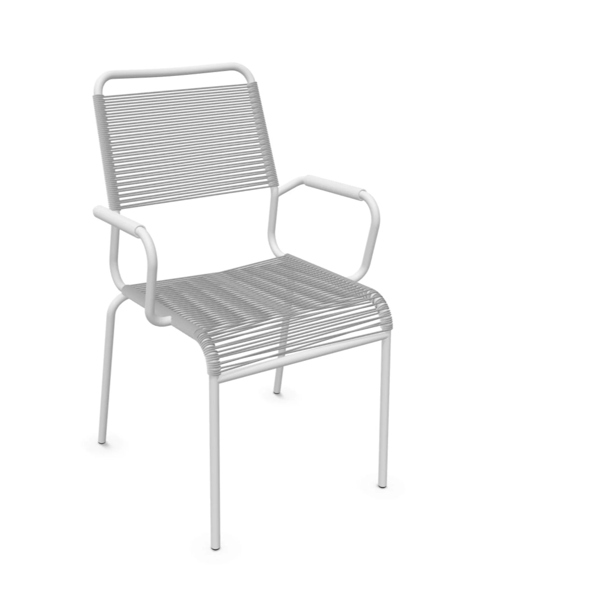 Moderner Stapelstuhl mit Armlehnen in Weiß, ergonomisches Design aus Metall und Kunststoff für Garten und Terrasse.