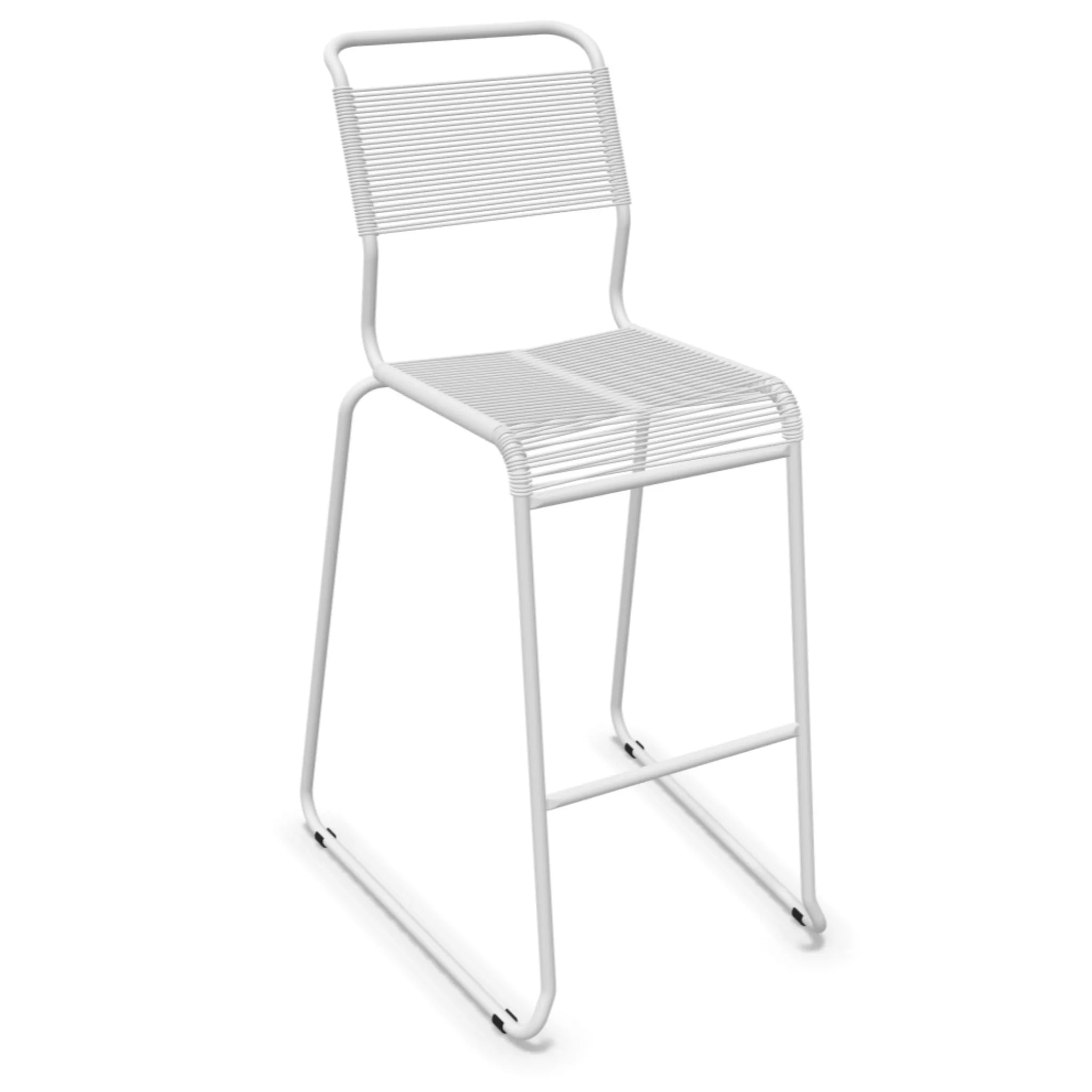 Weißer Barhocker mit Metallrahmen und Kunststoffsitzfläche, modernes Design für Küche und Bar.