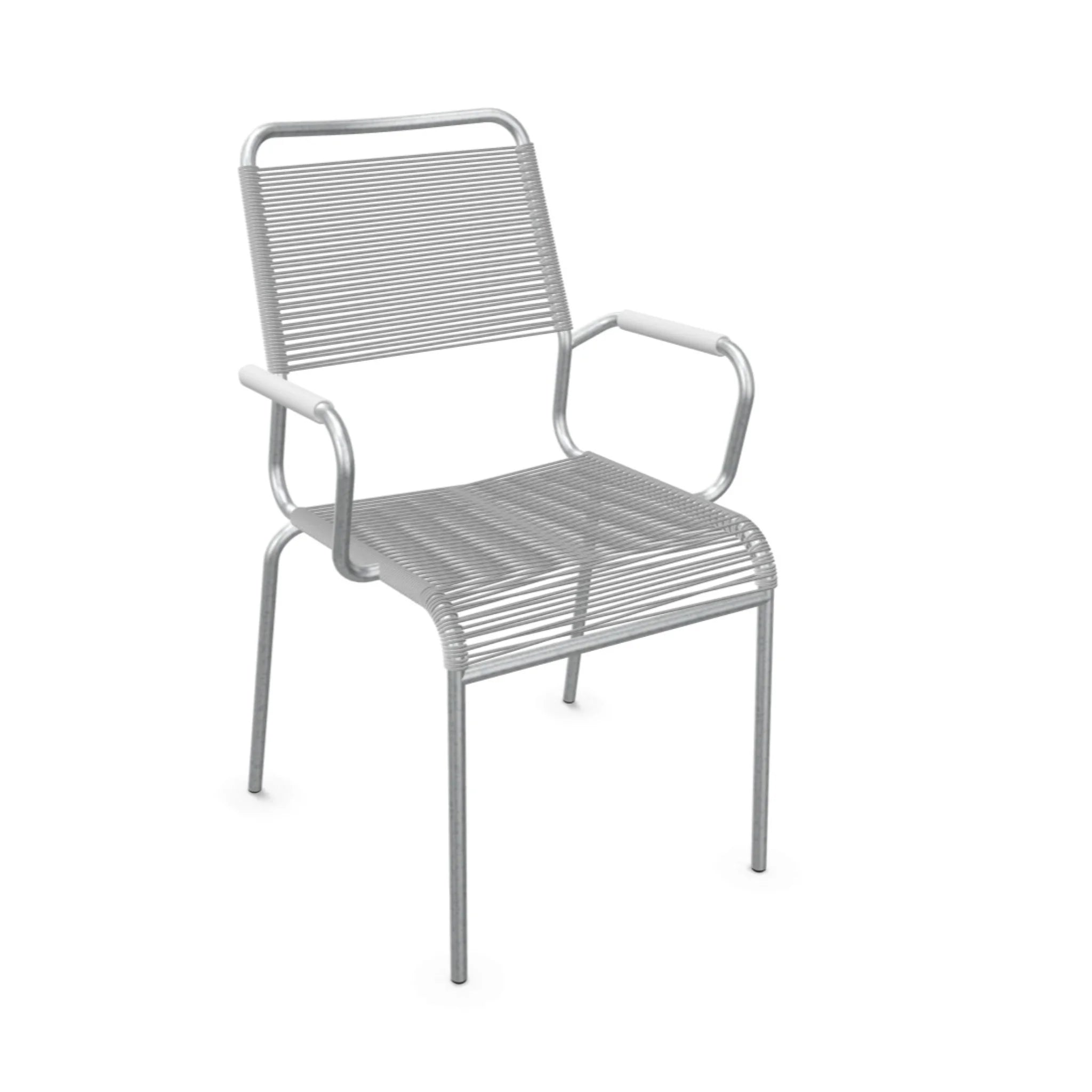 Moderner Stapelstuhl mit Armlehnen und Kunststoffsitzfläche in Weiß, stapelbar und pflegeleicht.