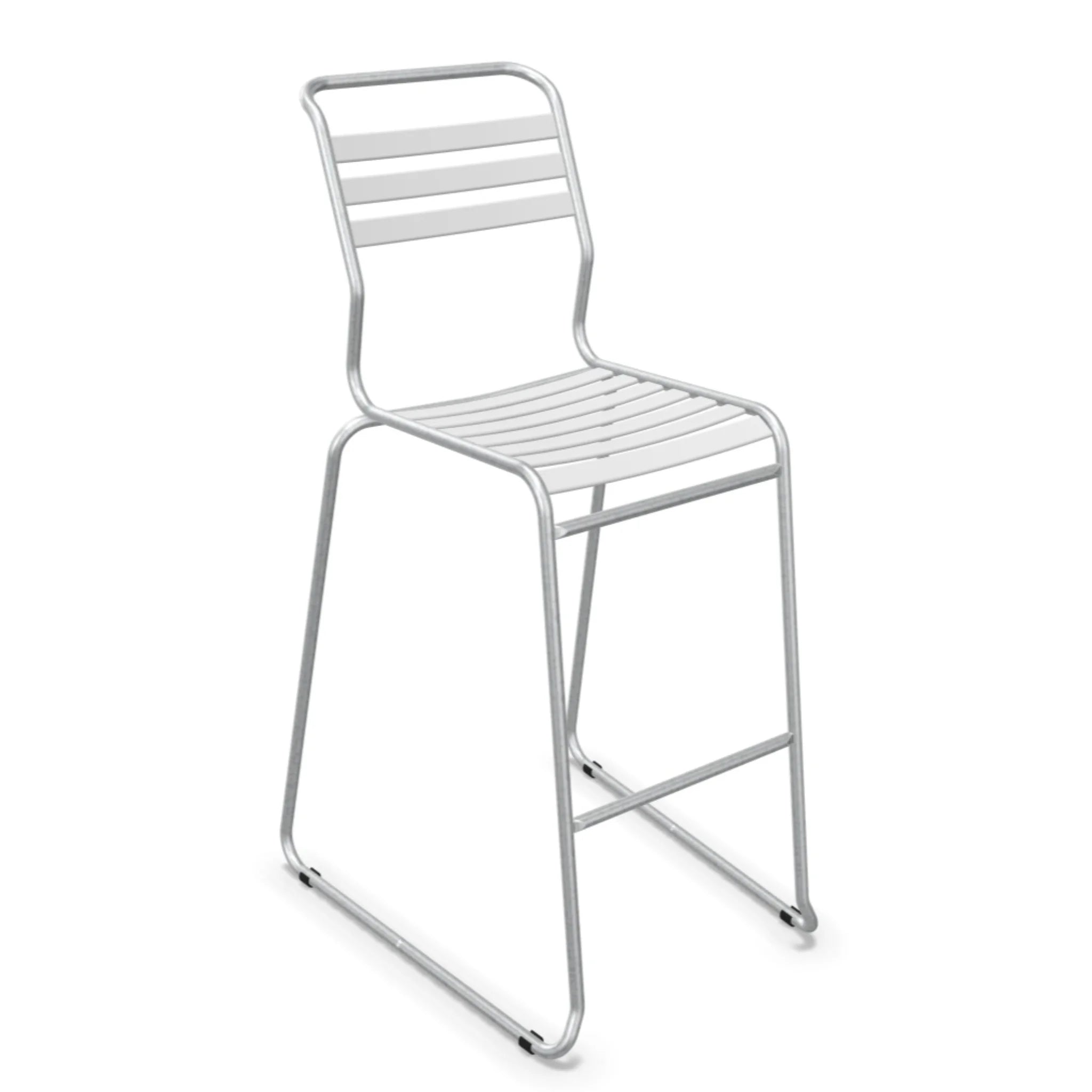 Moderner Aluminium Barhocker weiß mit Fußstütze - stapelbar und robust für Innen- und Außenbereich.